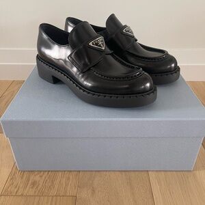 Prada Black Leather Loafers with Triangle Logo